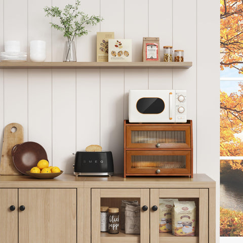 Goozii walnut roll-top bread box side view with open lid for quick bread access.