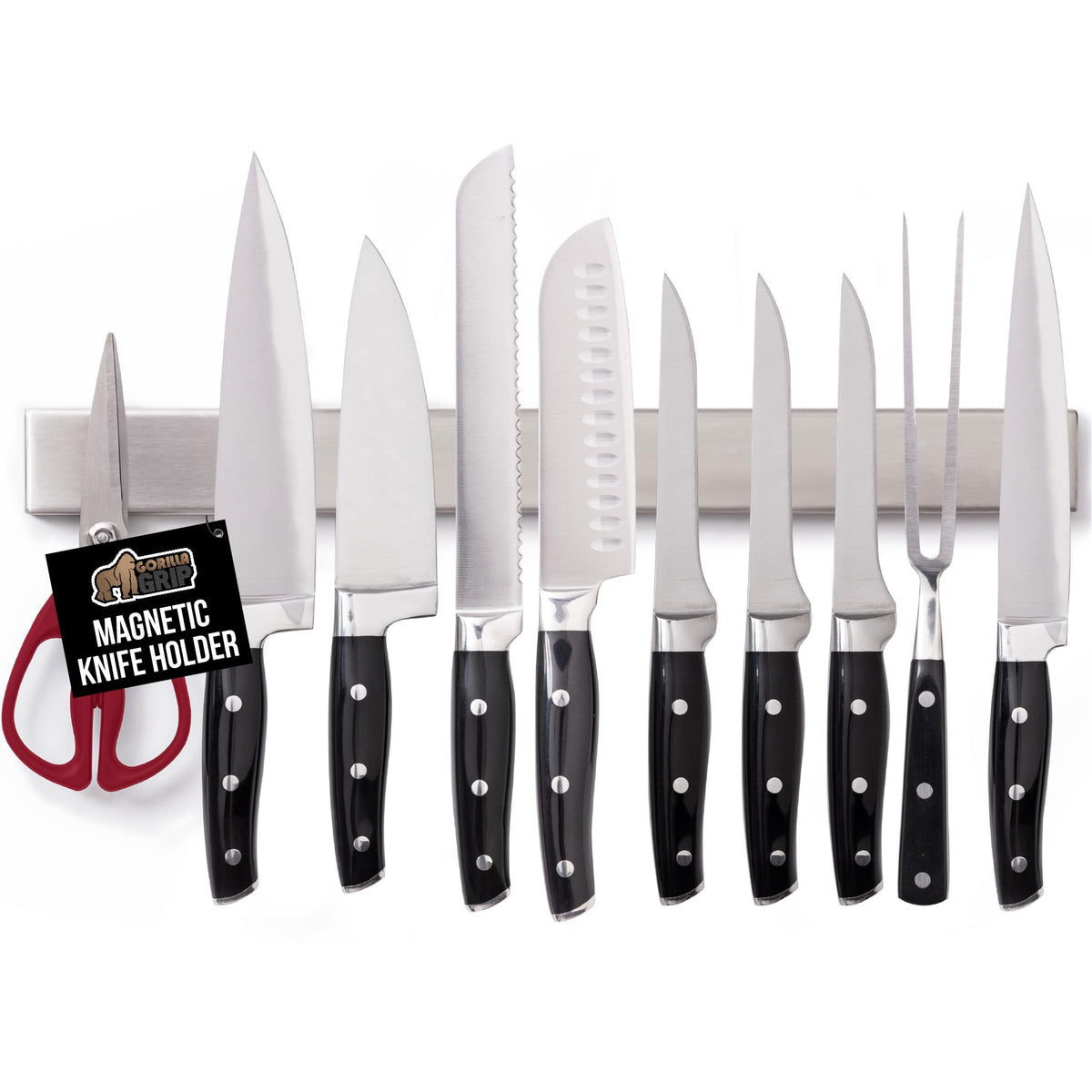 GORILLA GRIP 24in magnetic knife holder mounted on wall for convenient access.