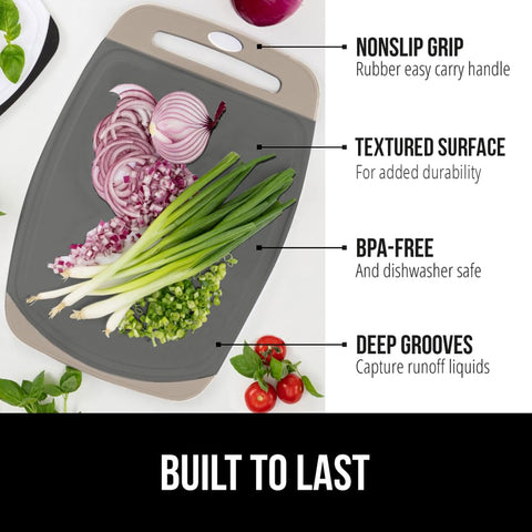 Gorilla Grip almond gray board with juice grooves catching liquids during prep
