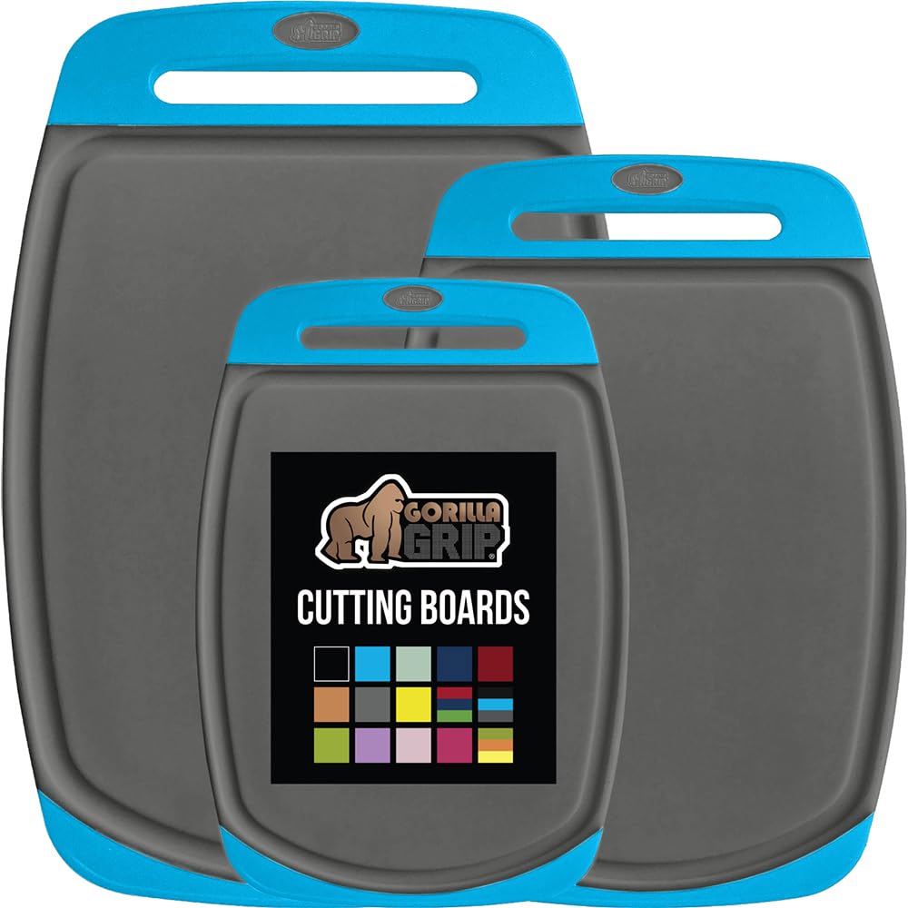 Gorilla Grip BPA-Free cutting board set of 3, aqua gray, top view for prep