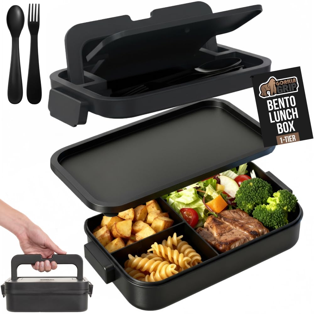 GORILLA GRIP BPA-free leakproof 3-compartment bento keeps meals organized for work or school.