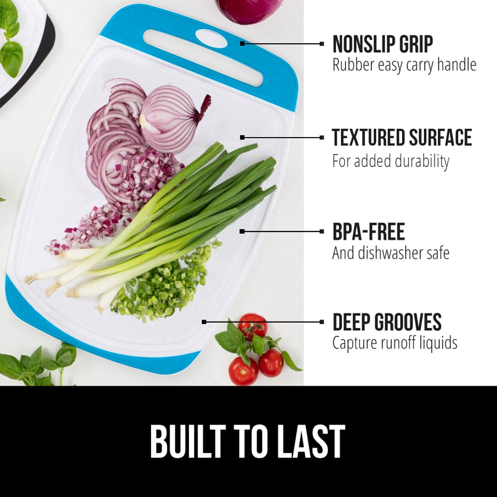 GORILLA GRIP BPA-Free cutting board Aqua, nonporous surface resists stains and odors.