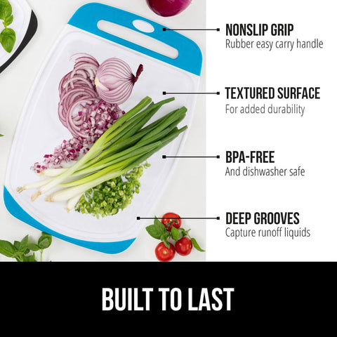 GORILLA GRIP BPA-Free cutting board Aqua, nonporous surface resists stains and odors.