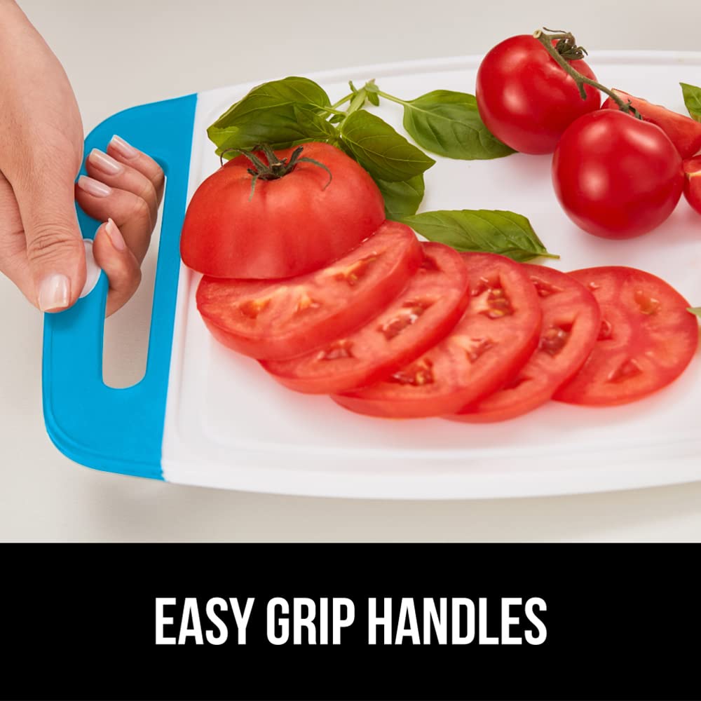 Medium and small boards provide versatile prep for veggies and proteins in Aqua.