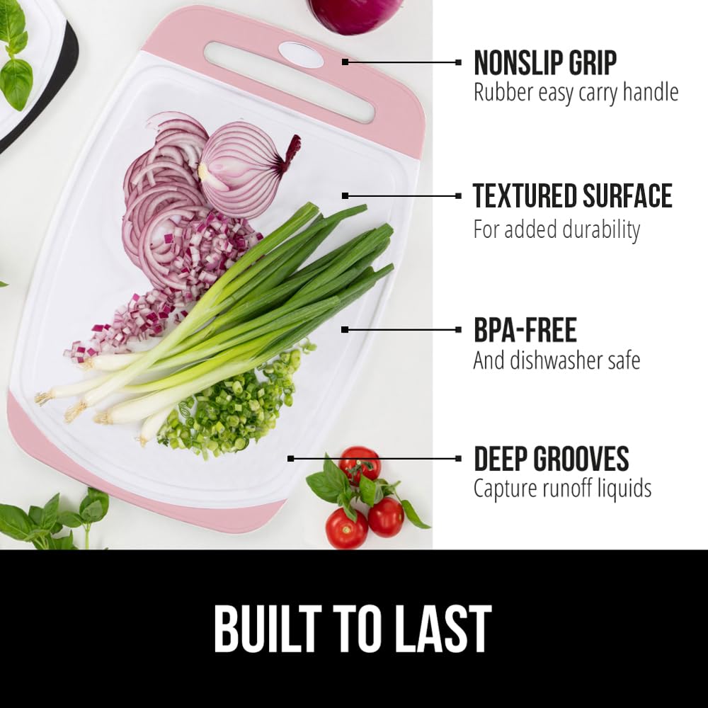 GORILLA GRIP pink cutting board large 16x11.2 inch in use with juice grooves