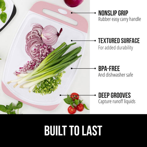 GORILLA GRIP pink cutting board large 16x11.2 inch in use with juice grooves
