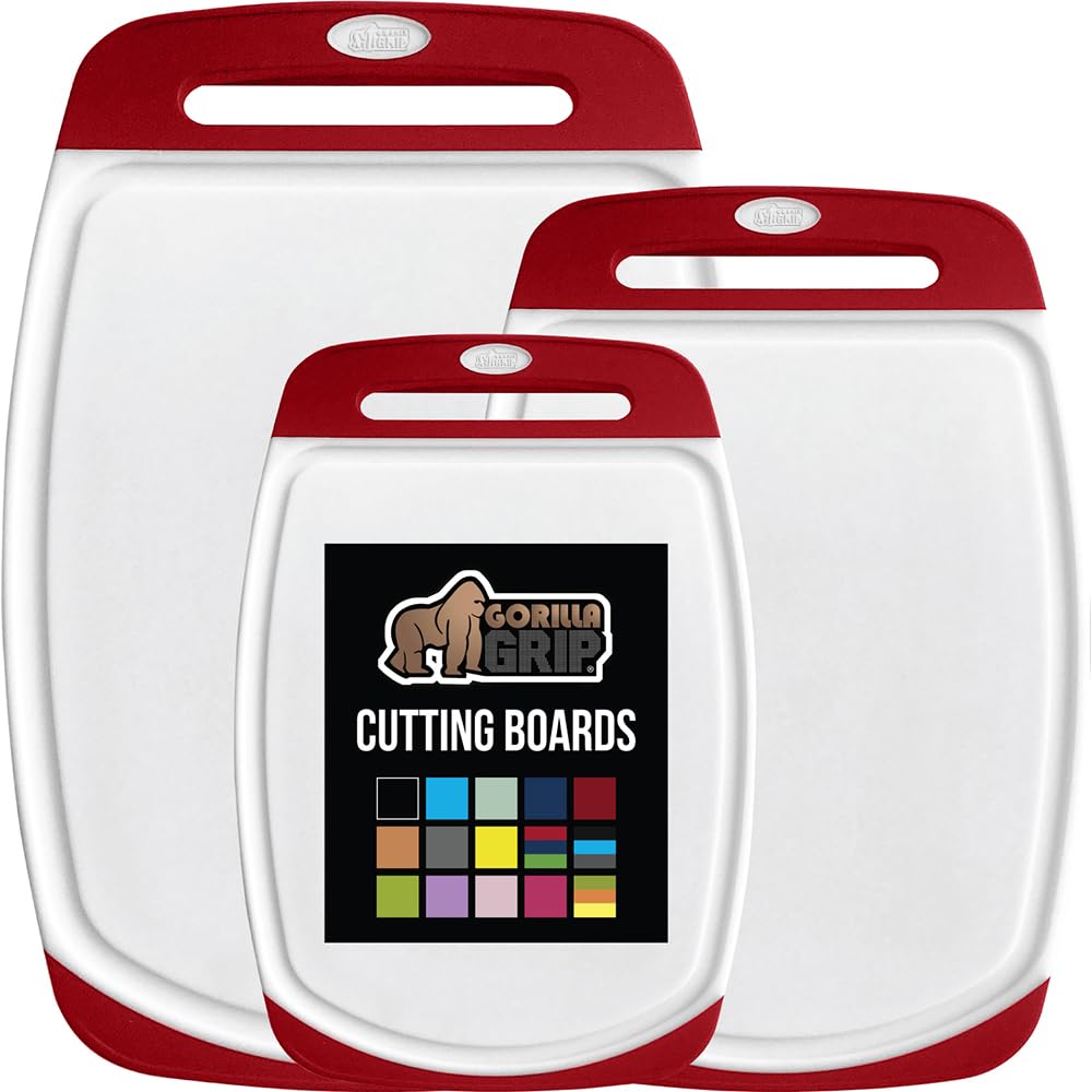 Gorilla Grip red 3-piece cutting board set large board ready for daily prep with juice grooves.