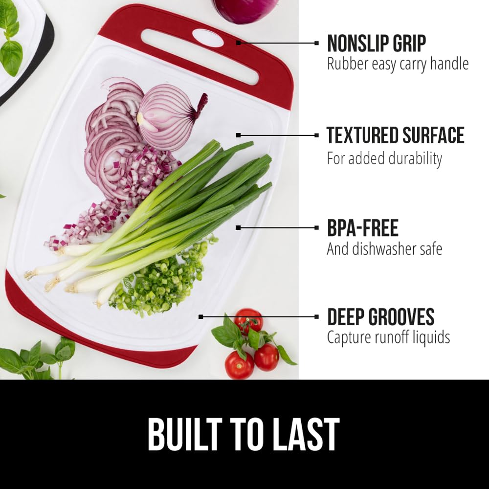 Gorilla Grip red 3-piece cutting board set medium board for chopping and serving.