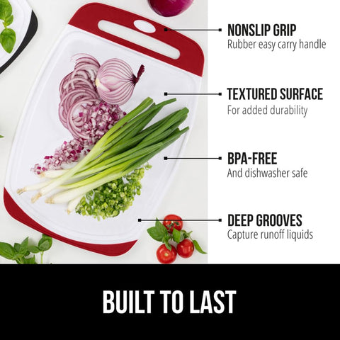 Gorilla Grip red 3-piece cutting board set medium board for chopping and serving.