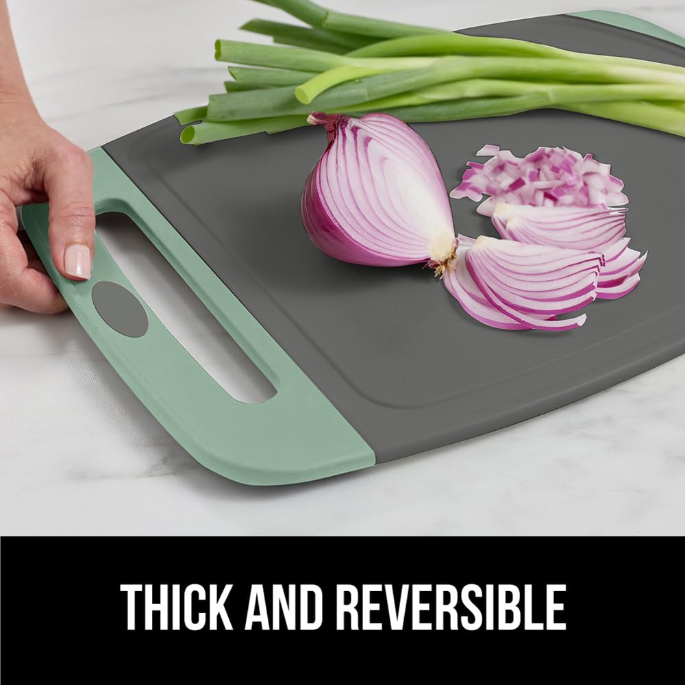 GORILLA GRIP mint gray cutting boards add modern style to kitchen prep area.