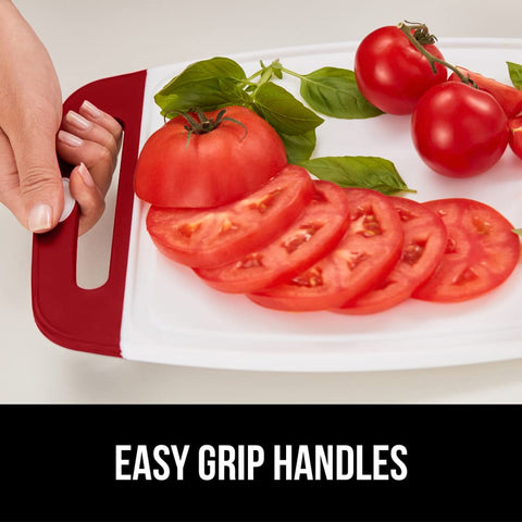 Gorilla Grip reversible red charcuterie board for stylish serving and prep.
