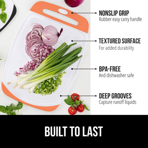GORILLA GRIP cutting board set 3 juice grooves catch liquids during chopping prep.