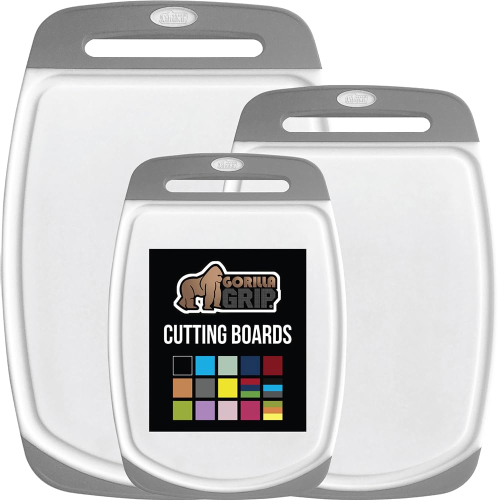 Gorilla Grip cutting board set 3, top view, reversible design for versatile prep