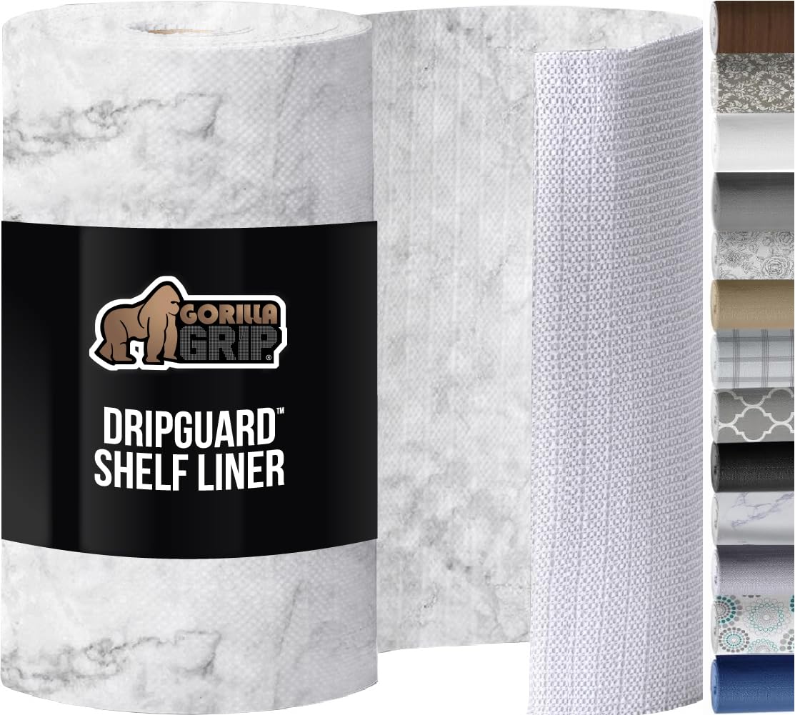 GORILLA GRIP DripGuard marble liner on a drawer protects contents from spills and stains.