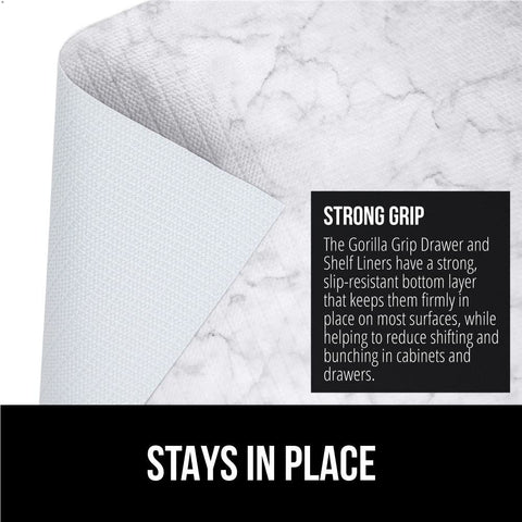 GORILLA GRIP DripGuard liner laid flat on pantry shelf; no sticky backing required.
