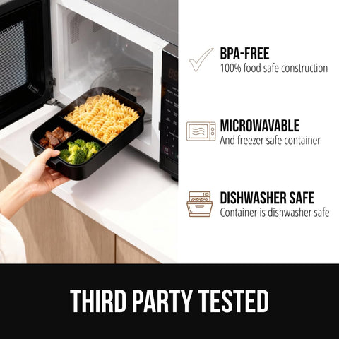 GORILLA GRIP lid with built-in utensils keeps forks and spoons handy.