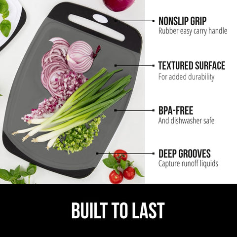 GORILLA GRIP BPA-free cutting board surface resists staining and odors during prep.