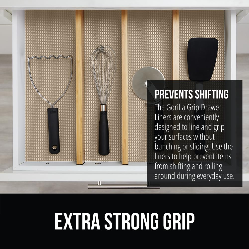 Beige cabinet liner protects surfaces from dirt and scratches.