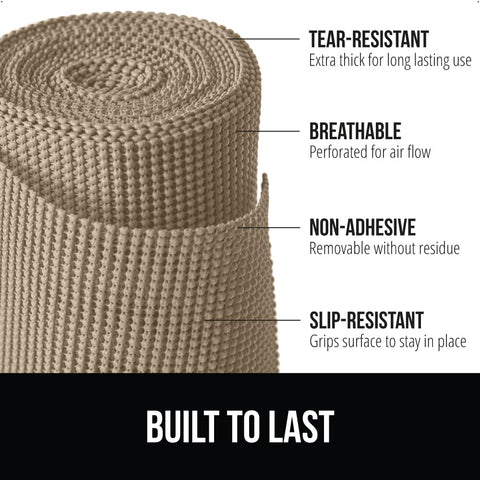 PowerGRIP non-adhesive shelf liner prevents shifting for organized cabinets.
