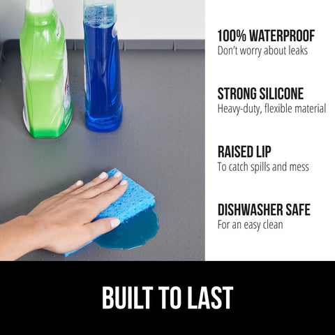GORILLA GRIP raised-lip under-sink mat contains spills at the edge for easy cleanup