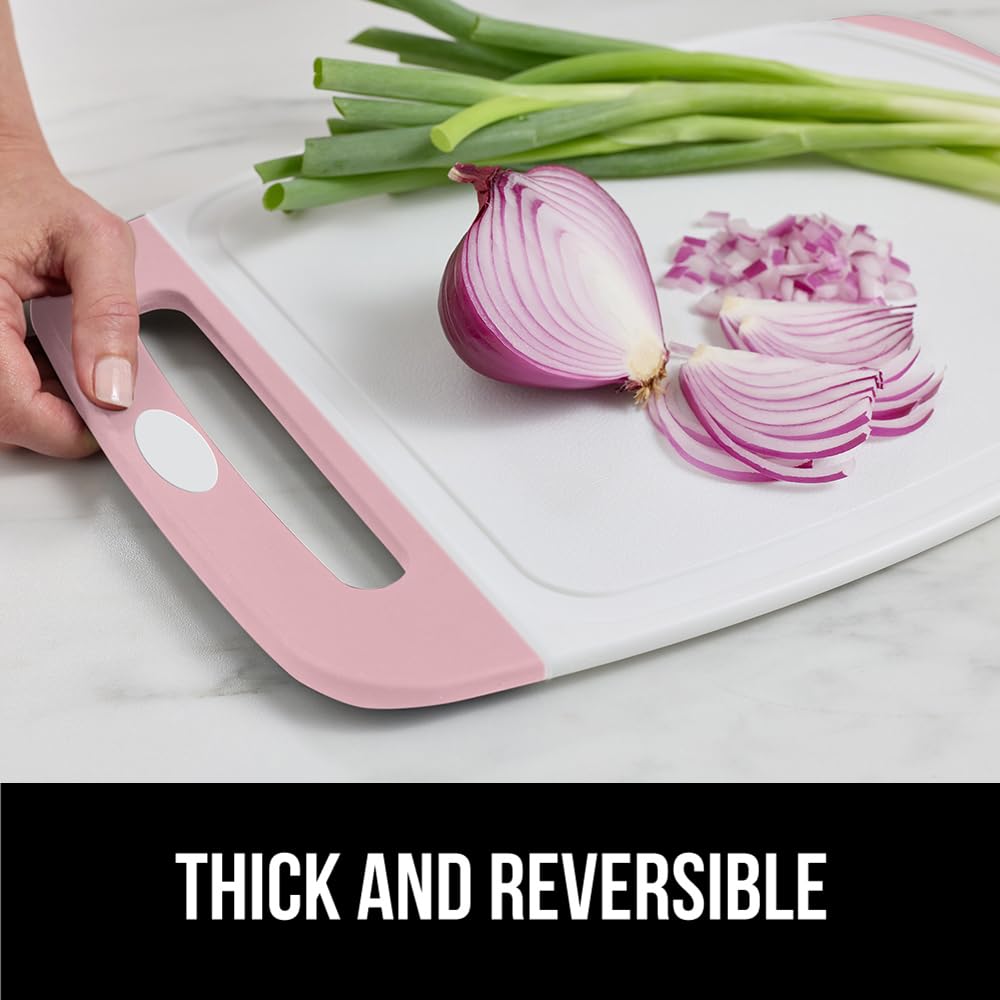 GORILLA GRIP pink 3-piece reversible cutting board set arranged for prep