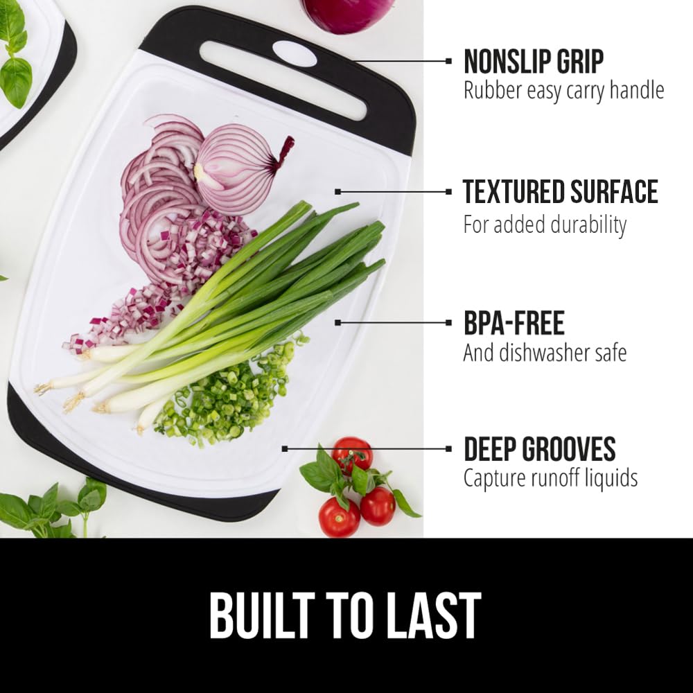 GORILLA GRIP reversible boards offer dual sides for vegetables and proteins without cross-contamination.