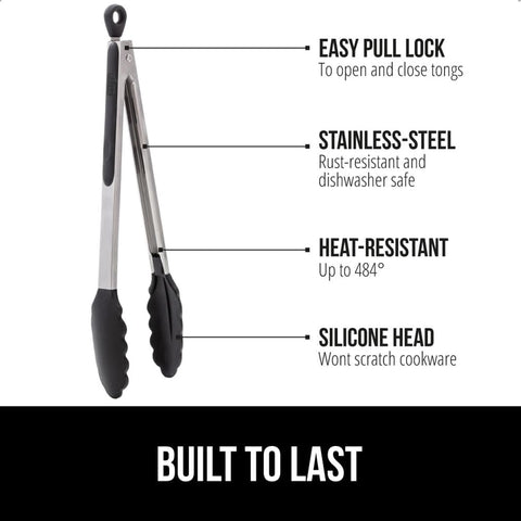 GORILLA GRIP 9-inch stainless steel tongs ideal for grilling and flipping larger meats