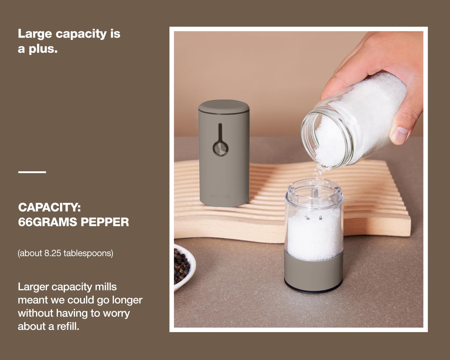 GORMODE grinder shows LED light and sliding dust cover for precise seasoning