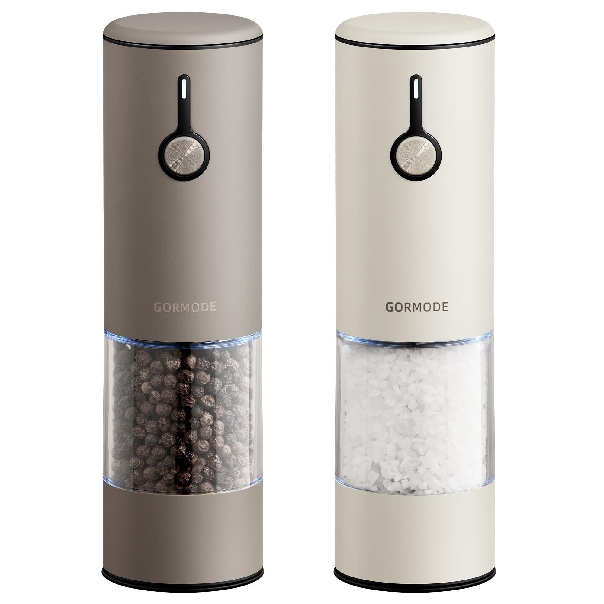 GORMODE stainless steel salt and pepper grinder with USB charging base for easy refills