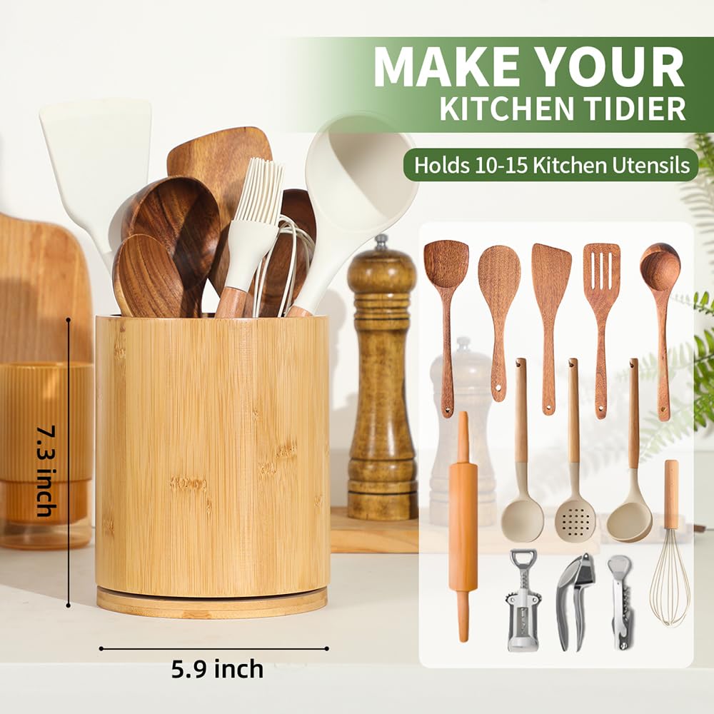 Gorsent large bamboo utensil holder keeps kitchen tools organized.