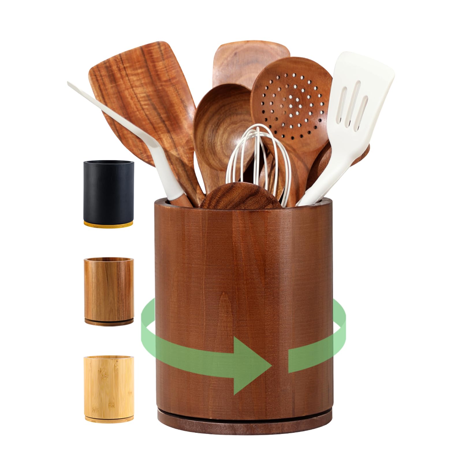 Gorsent wooden utensil holder with 360° rotation for easy countertop access.