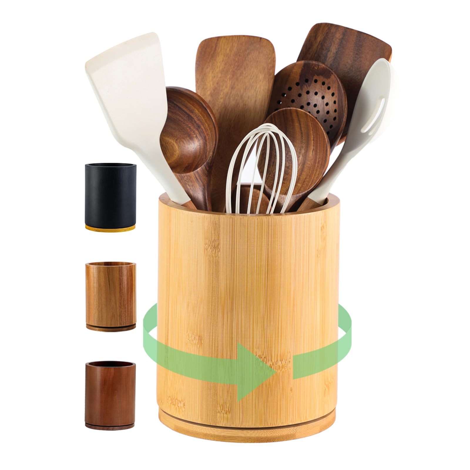 Gorsent wooden utensil holder with 360° rotation for quick access.