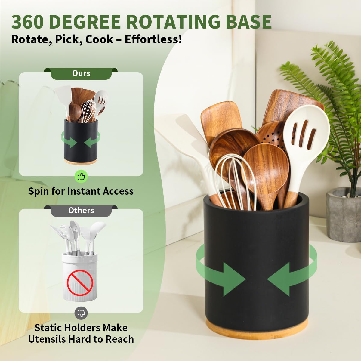 Gorsent wooden utensil holder with black finish complements wooden kitchen accents.