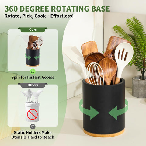 Gorsent wooden utensil holder with black finish complements wooden kitchen accents.