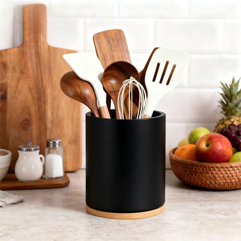 Gorsent wooden utensil holder adds farmhouse charm to kitchen counters.