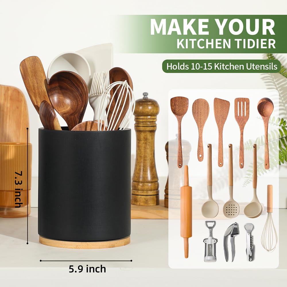 Gorsent wooden utensil holder on countertop organizes tools for quick access.