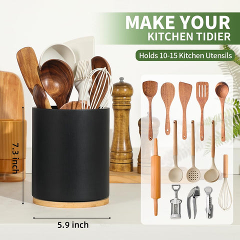 Gorsent wooden utensil holder on countertop organizes tools for quick access.