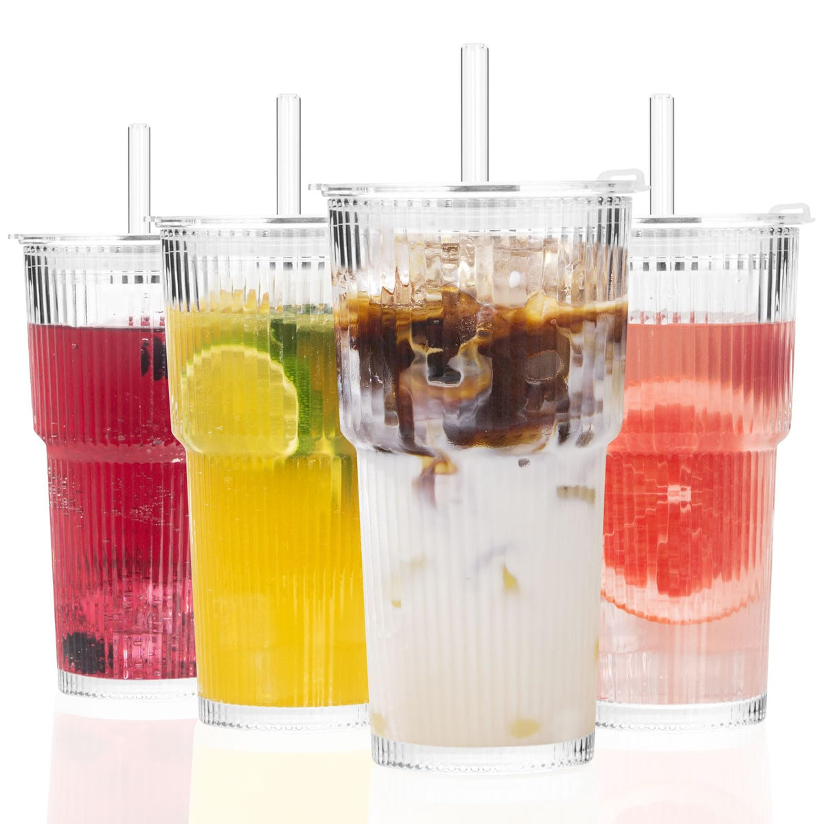 GOSCHE 20oz ribbed glass cup with lid and straw for spill-free iced drinks