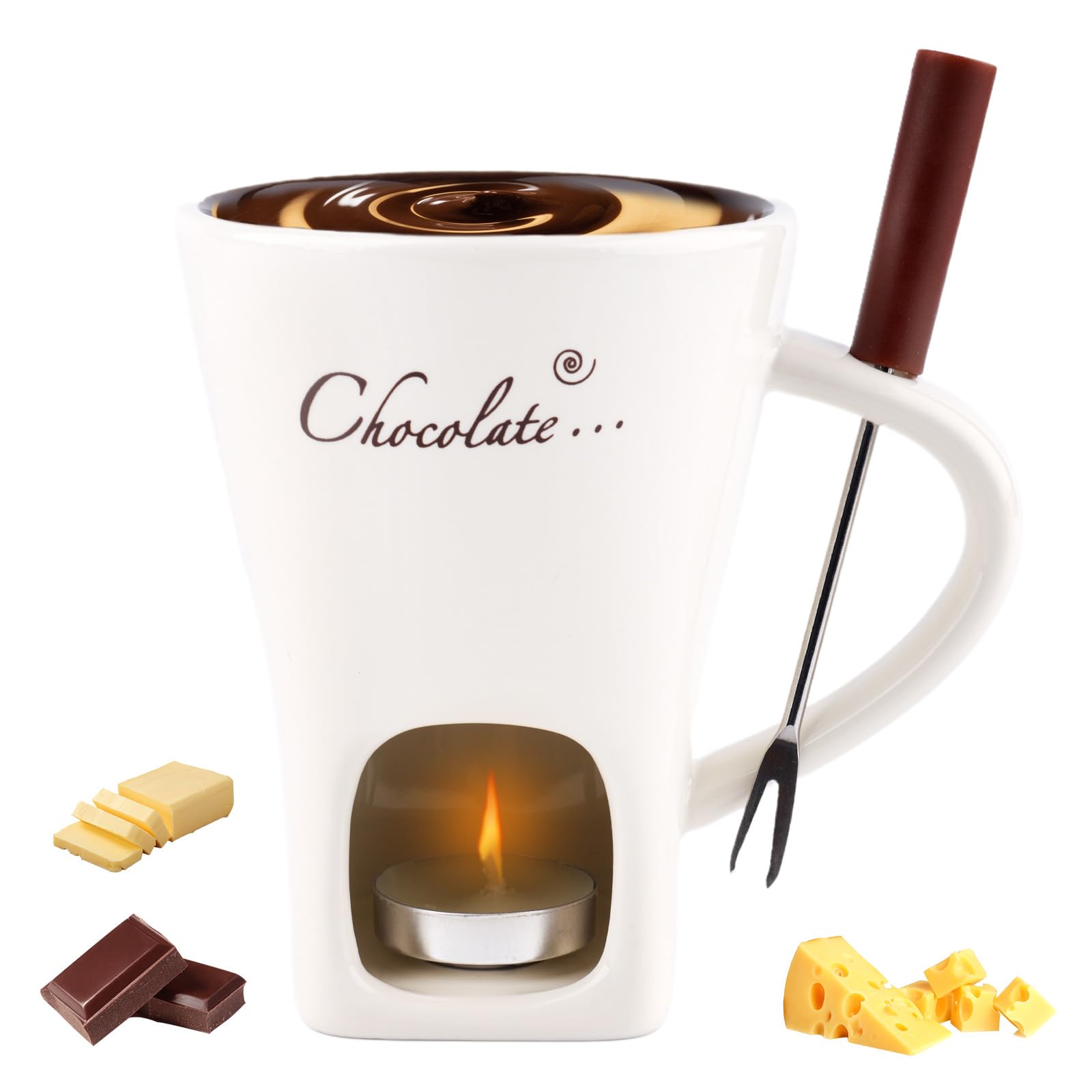 Gosknor chocolate fondue mug with tealight for cozy dipping moments.