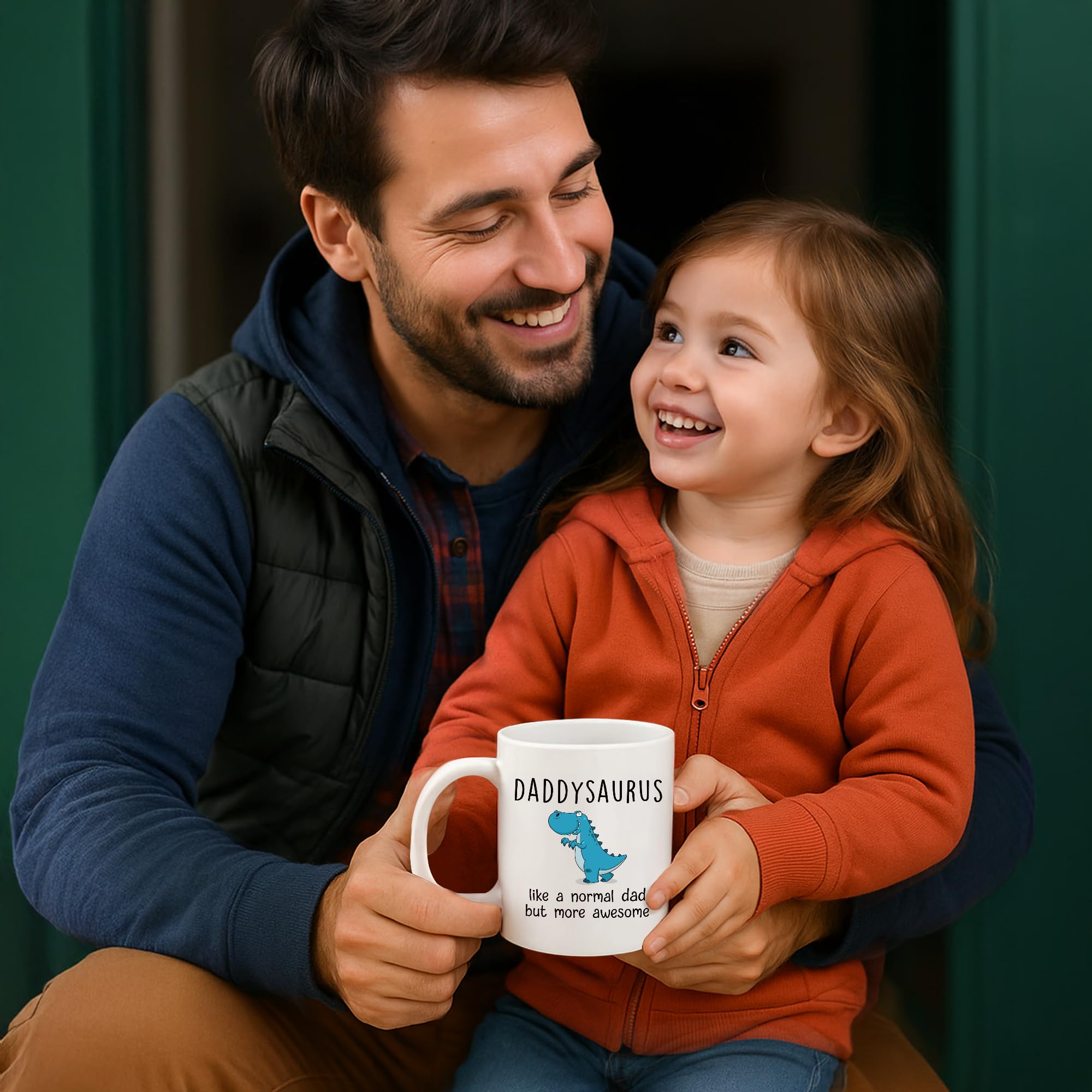 Gossby DADDYSAURUS mug paired with a steaming cup of coffee