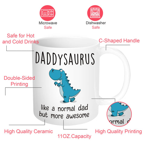 Close-up of the dino design on the Gossby DADDYSAURUS mug for a playful dad gift