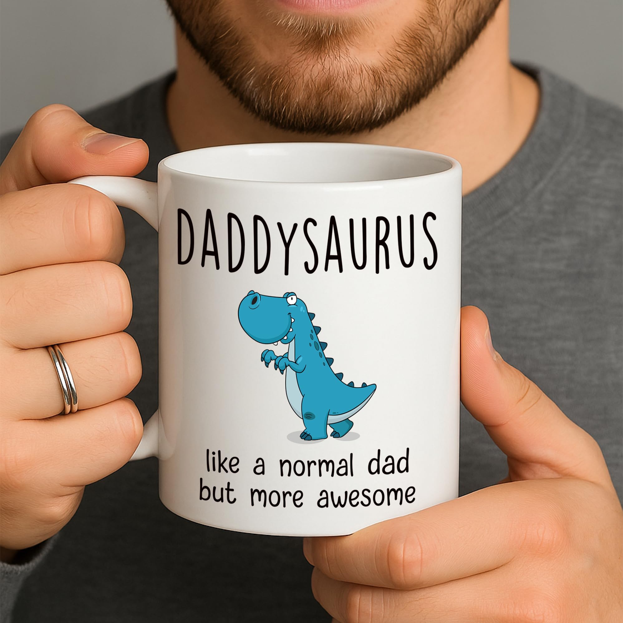 Back view of the Gossby DADDYSAURUS mug showing dinosaur artwork