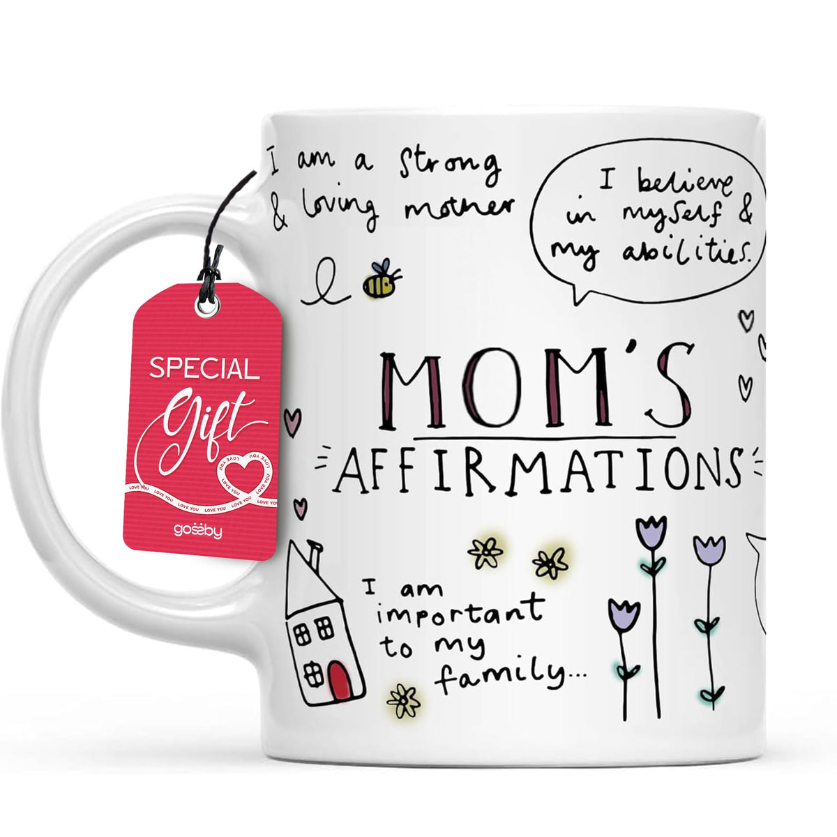 Gossby Mom Affirmation Mug close-up design for daily motivation during coffee breaks.