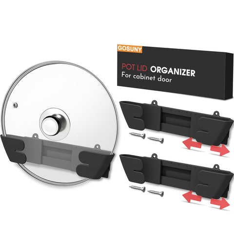 Gosuny adjustable lid holder on door keeps lids organized and accessible.
