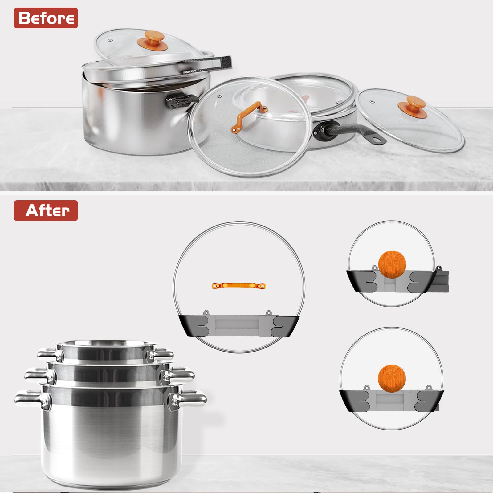 Gosuny modern kitchen lid organizer blends with décor and helps tidy lids.
