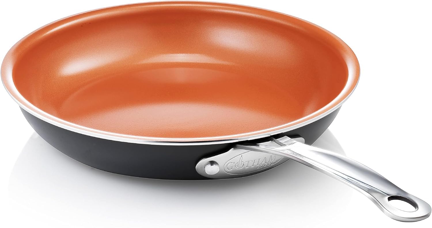 Gotham Steel 12.5-inch frying pan with ceramic nonstick for effortless release.