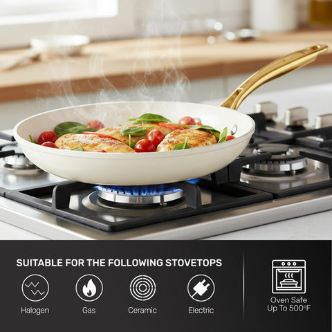Gotham Steel 12-inch pan oven-safe up to 500°F for stovetop-to-table use