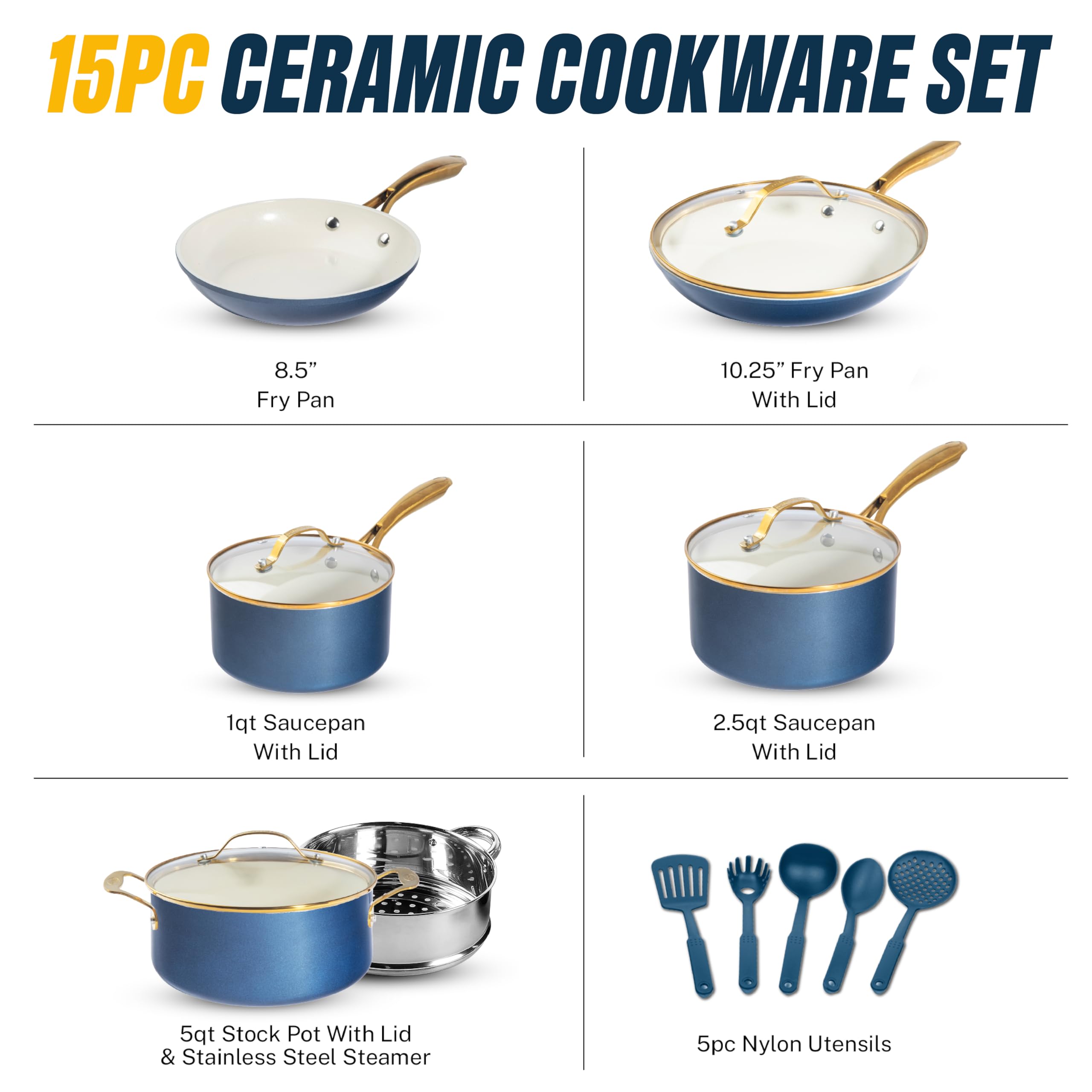 Gotham Steel 15-piece set arranged with frying pans and lids for quick, versatile cooking
