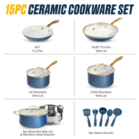 Gotham Steel 15-piece set arranged with frying pans and lids for quick, versatile cooking