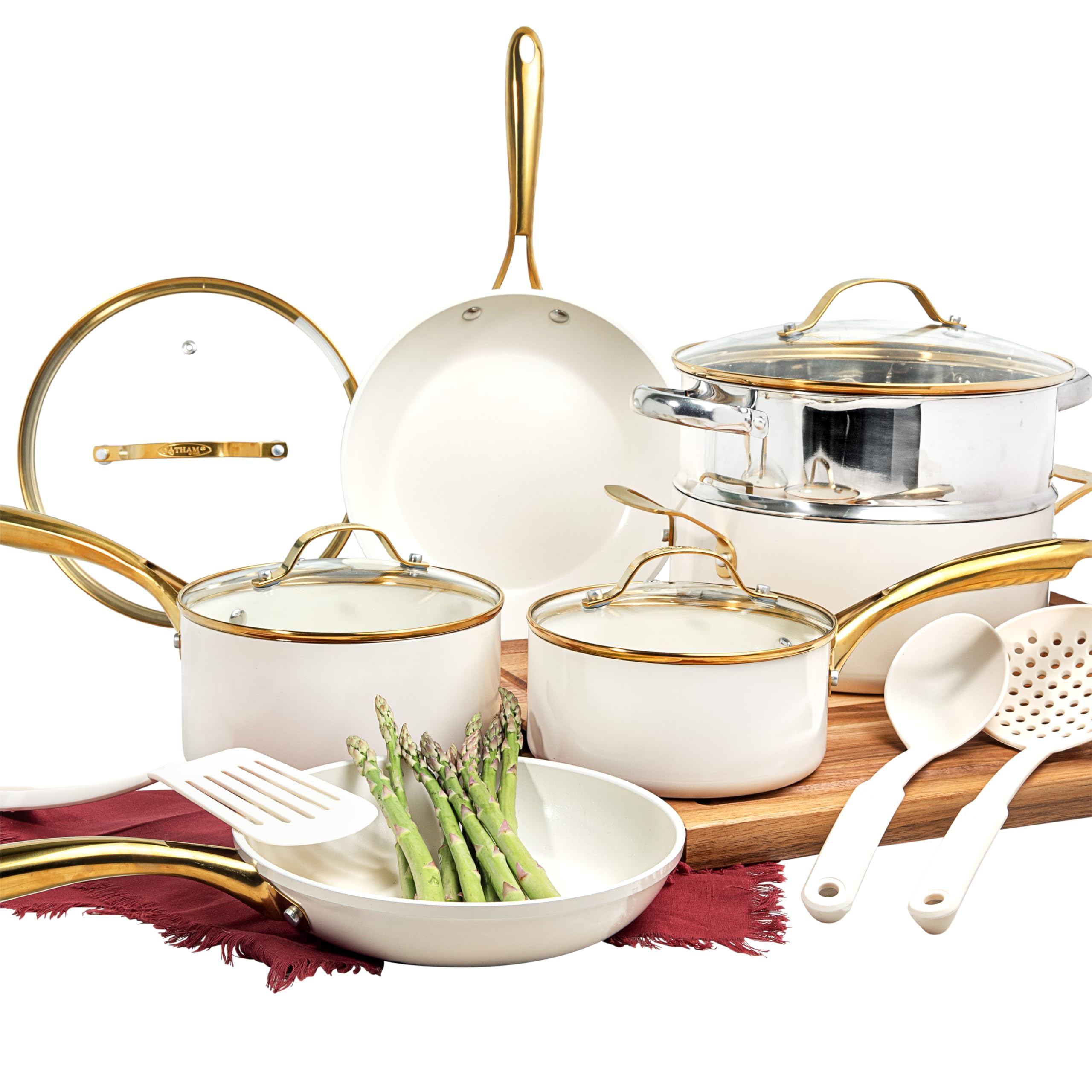 Gotham Steel 15pc ceramic cookware set on stove highlights complete family-friendly collection.